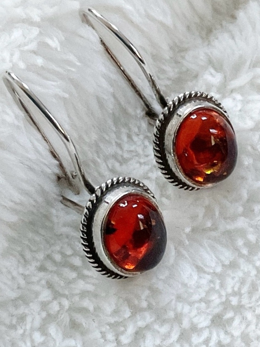 Amber Sterling Silver 925 Oval Drop Earrings Rope Bezel Dangle